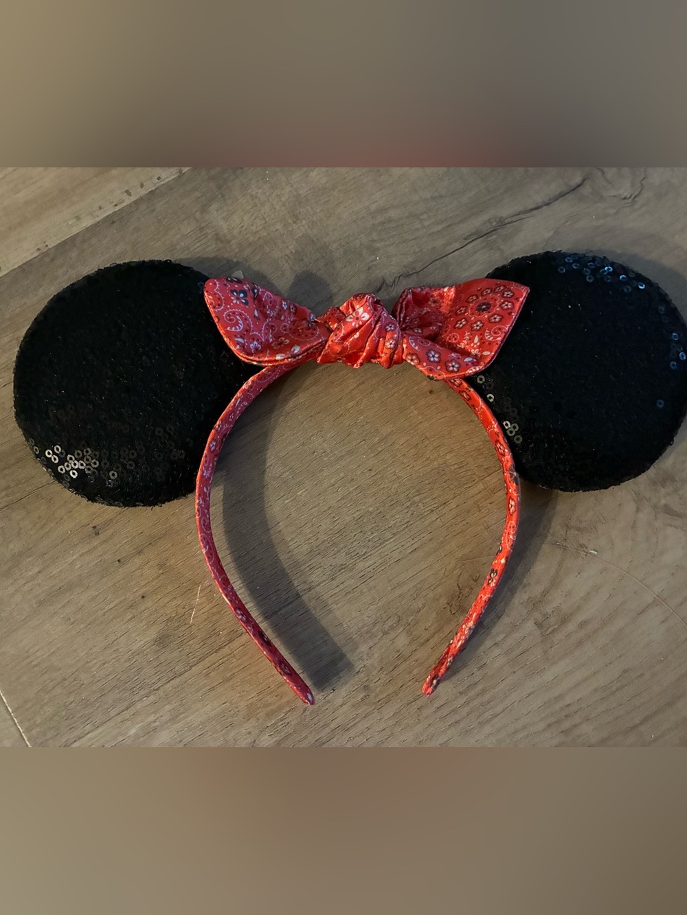 Disney Black Sequin Minnie Ears Headband with Red Bandana Bow